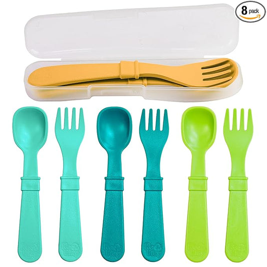 Re-Play Toddler Forks and Spoons Set - 4x4 Utensils Set for Kids - Dishwasher and Microwave Safe - Made in USA - Set of 8-5.8" x 1.2" x 0.2" - Aqua Asst
