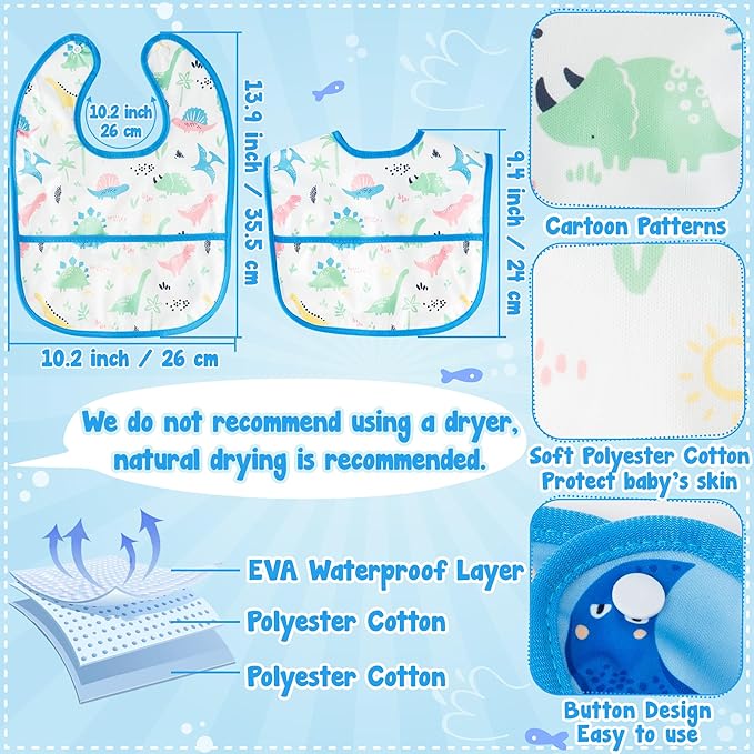 6Pcs Baby Bibs for Eating Toddler Adjustable Feeding Bibs with Crumb Catcher Pocket Waterproof Sleeveless Teething Plastic Food Bib Set Infant Keepsake Gift for Baby Shower, 6-24 Months