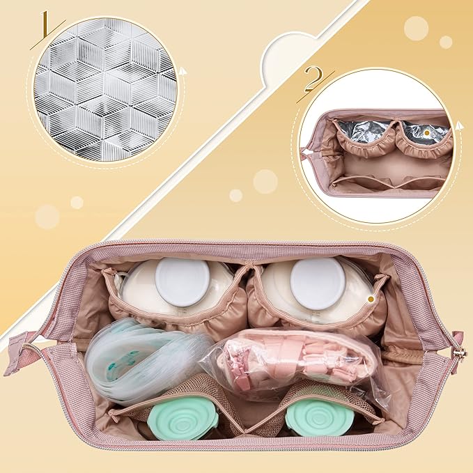 Fasrom Wearable Breast Pump Bag Compatible with Momcozy, Medela and Elvie Pumps, Double Layer Pump Carrying Case with Waterproof Mat and Insulated Pockets for Working Moms, Pink (Bag Only)