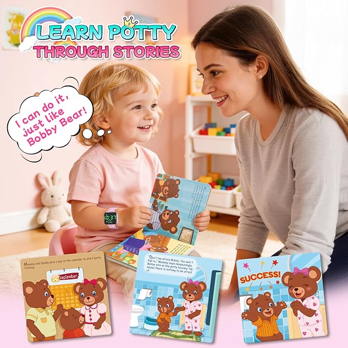 Potty Training Watch & Chart & Book for Kids: Upgrade 3 in 1 Toddler Potty Training Kit Rechargeable Toilet Reminder Unicorn Potty Training Chart with Reward Stickers for Toddler Girls (Pink)