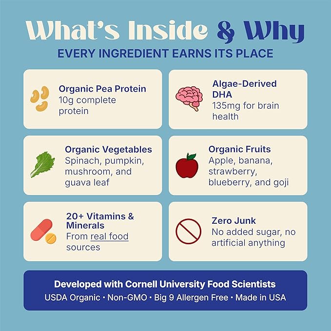 Vitala Organic Protein Smoothie Pouches for Kids & Adults, 10g Plant Protein, 135mg DHA 900mg Omega-3, Real Vegetables, No Added Sugar, Allergen Free, Ivy League Developed, 10 Count (Pacific Berry)