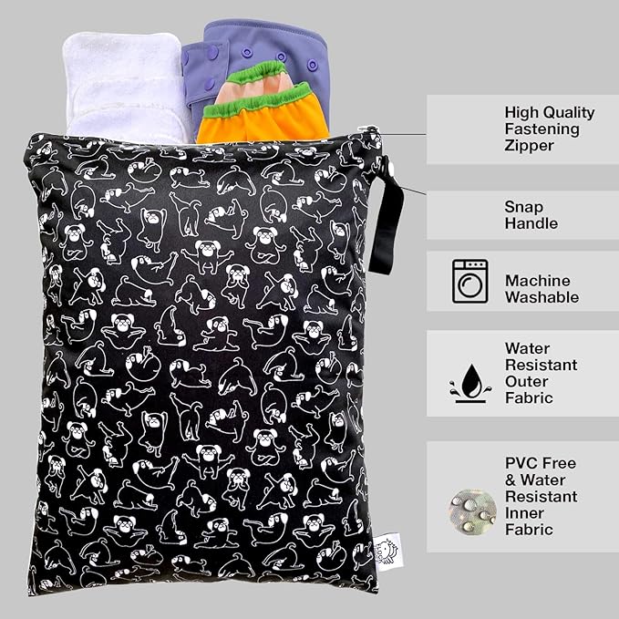 FLOCK THREE Washable and Reusable Wet Bag Diaper Bag Water Resistant Swimming Bag Travel Toiletries Pouch Yoga Dog Print Zippered 12.6'' x 16.5''