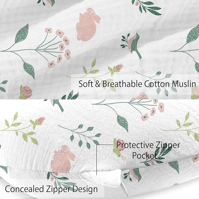 Little Grape Land Muslin Nursing Pillow Covers 2 Pack, 100% Cotton Removable Breastfeeding Pillow Covers, Feeding Pillow Slipcovers for Baby Boys & Girls, (Bunny & Pink)