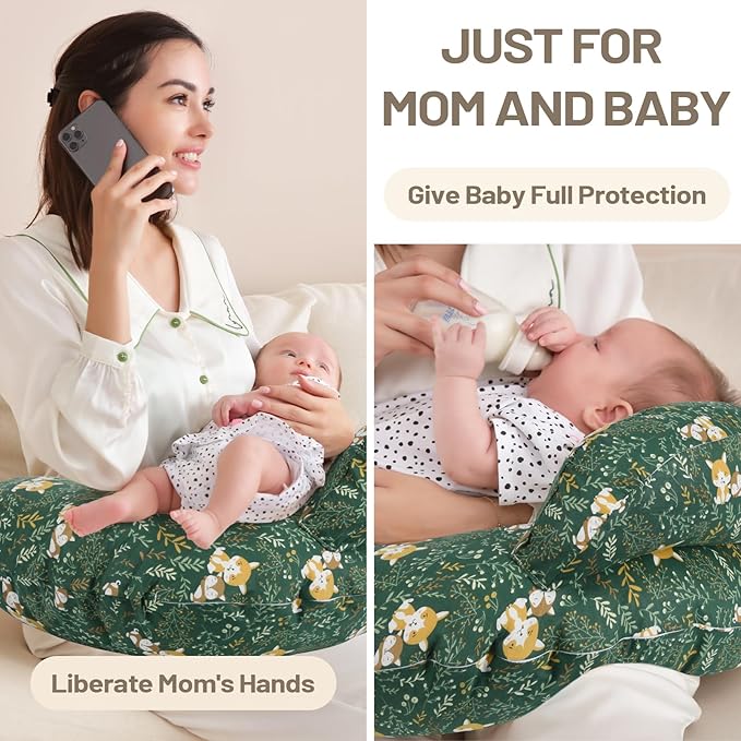 AMASKY Nursing Pillow for Breastfeeding, Animal Patterns Removable Cotton Cover, Support for Mom and Baby, Plus Size Ergonomic Design Breastfeeding Pillows, Machine Washable, Green, Pallet of Product