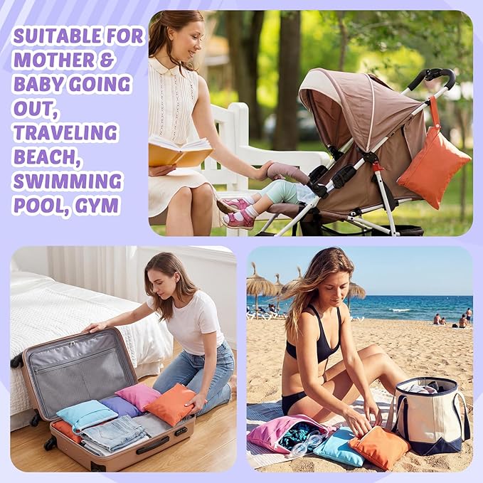 Shappy 4 Pieces Wet Dry Bag for Baby Cloth Diapers Wet Diaper Bag Washable Travel Bags Reusable with 2 Pockets for Pool Yoga Gym Travel Beach Swimwear Clothes (Blue & Purple)
