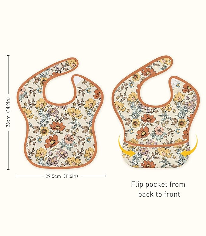 3-Pack Waterproof Baby Bibs for Eating - Mess Proof Lightweight Toddler Feeding Bibs with Large Food Catcher, Food-Grade Baby Eating Essentials, Easy to Put On & Clean(Retro Floral)