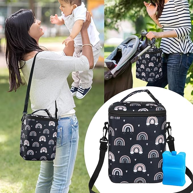 Breastmilk Cooler Bag with Ice Pack Fits 4 Baby Bottles Up To 9 Ounce Insulated Baby Bottle Bag Breast Milk Cooler on the Go with Strap Cooler Bag for Nursing Mom Daycare or Travel