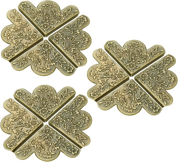 dophee 12Pcs Decorative Corner Protector, Jewelry Box Wooden Box Chest Furniture Guard Edge Cover, Metal Flower Carved No Holes, 1.69"x1.69"x0.2" - Antique Bronze