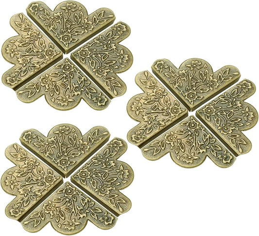 dophee 12Pcs Decorative Corner Protector, Jewelry Box Wooden Box Chest Furniture Guard Edge Cover, Metal Flower Carved No Holes, 1.69"x1.69"x0.2" - Antique Bronze