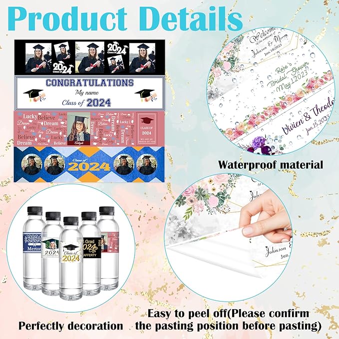 Personalized Water Bottle Labels Graduation Custom Graduation Labels with Name for Water Bottle Stickers Waterproof Printable Photo Bottle Labels Graduation Gifts 50 Pcs