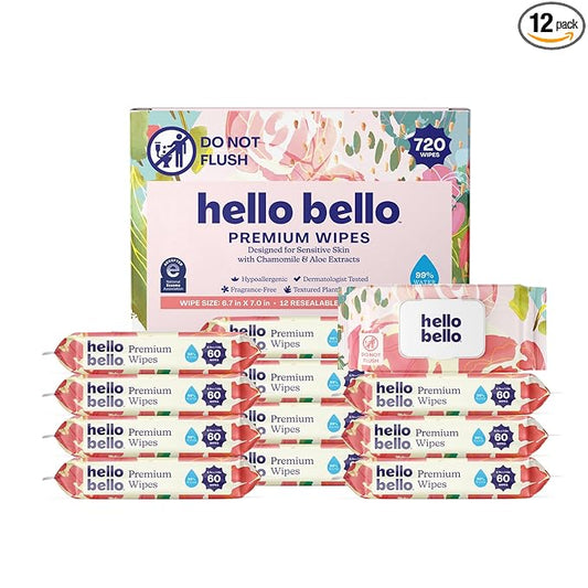 Hello Bello Premium Wipes, Designed for Sensitive Skin with Chamomile & Aloe Extracts, Rosy Posy (12 Resealable Packets = 720 Total Wipes)