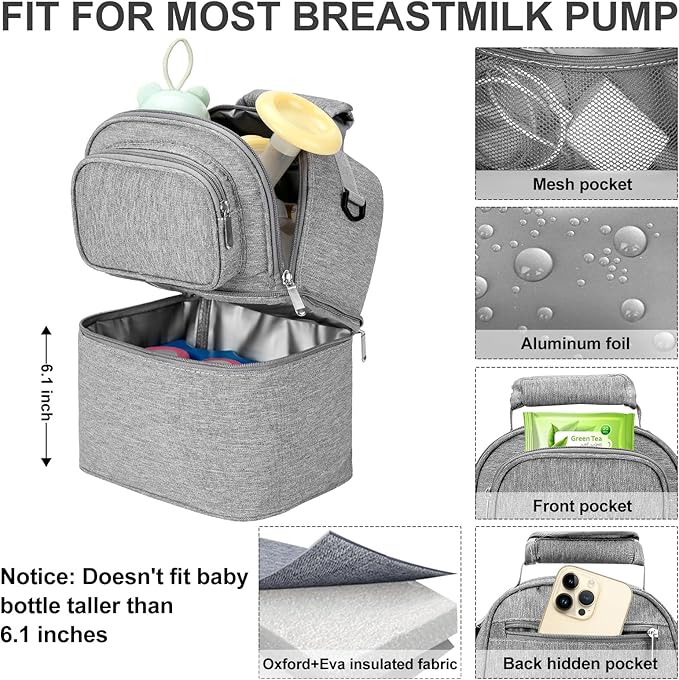 Sanchamy Breastmilk Cooler Bag with Ice Pack, Double Deck Breast Milk Storage for Breastfeeding, Nursing, Daycare, Insulated Lunch Bag with Strap