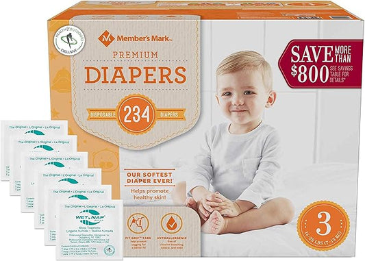 HAO M Mark Premium Baby Diapers - Size 3 (16-28 lbs) 234 Count W/Moist Towelettes