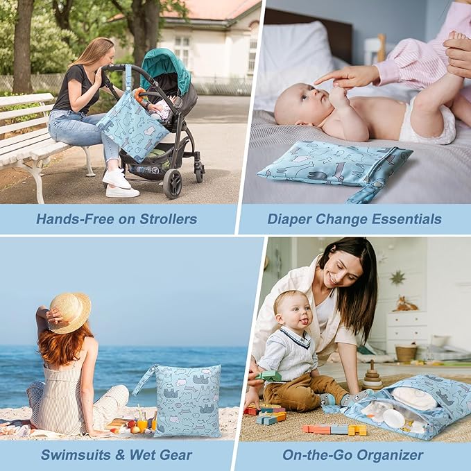 3 PCS Waterproof Wet Dry Bags, Reusable Wet Bags for Baby Diaper Swimsuit Breast Pump Parts, 3 Sizes Wet Clothes Bag with 2 Zippered Pockets, Leakproof Wetbags for Travel Pool Beach Essentials