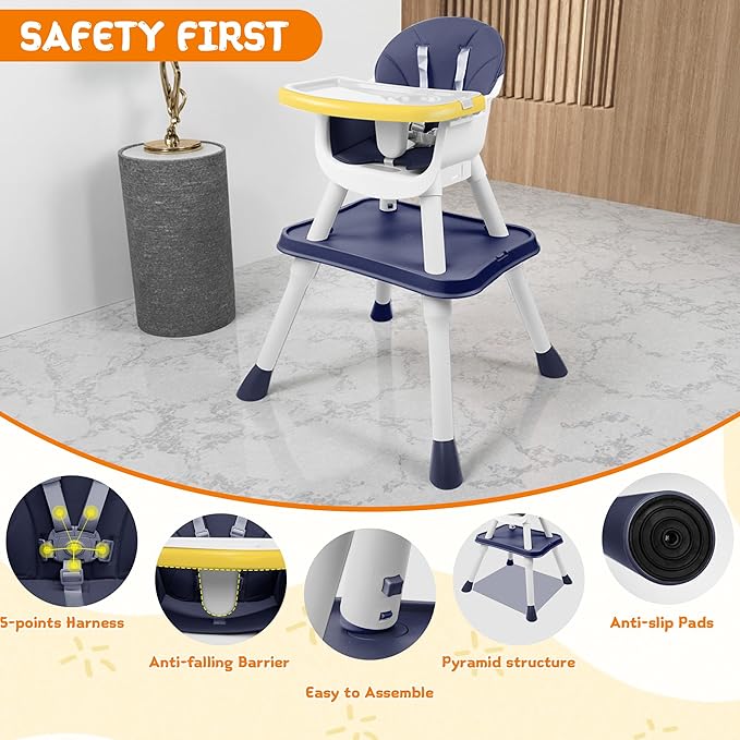 High Chairs for Babies and Toddlers, 5-in-1 Convertible Baby High Chair to Booster Seat with Removable Tray, Kids Learning and Building Block Activity Table with Safety Harness, Blue