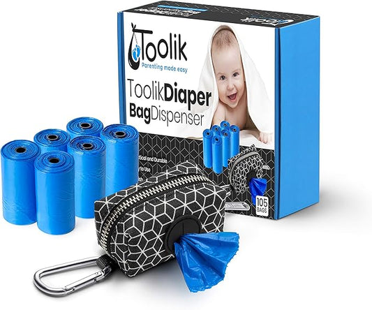 Toolik Diaper Bag Dispenser with 105 Disposable Unscented Waste Bags (7 Refill Rolls) for Baby and Toddler Poop or Dirty Clothes, Essential for Travel and Quick Change on The Go (3D Cubes)