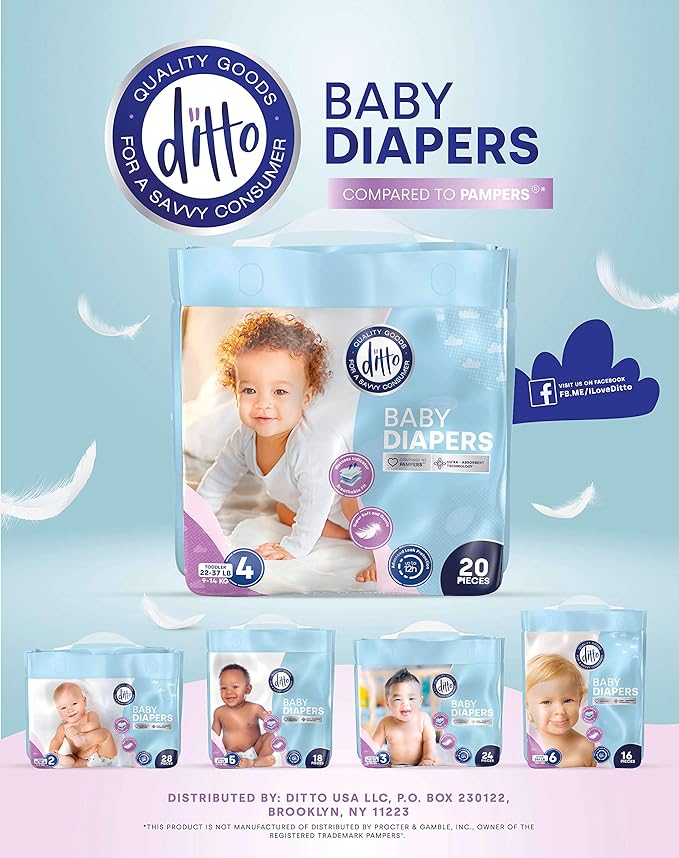 Ditto Baby Diapers Size 4 (160 Count) – Breathable Disposable Diapers – 12-Hour Leak Protection & Wetness Indicator – Day + Overnight Diapers for Sensitive Skin – No Fragrance, Parabens or Latex