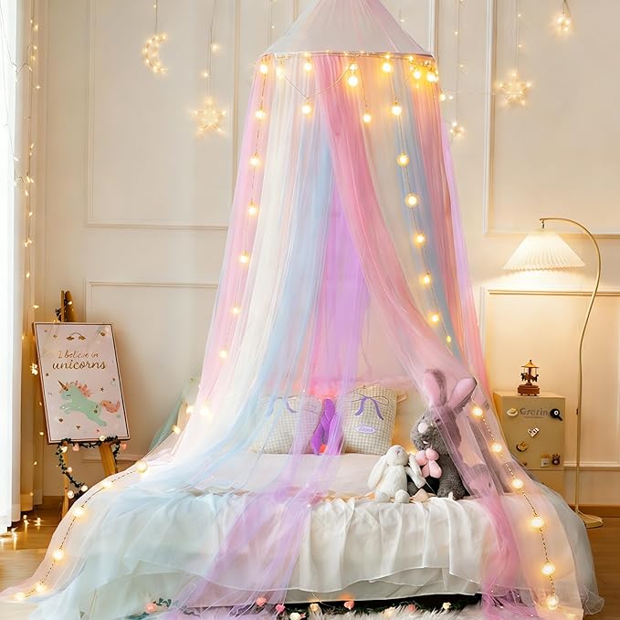 Princess Rainbow Bed Canopy with Lights for Girls Bed Net,Princess Canopy for Kids Bed Room Decor (Rainbow + Lights)