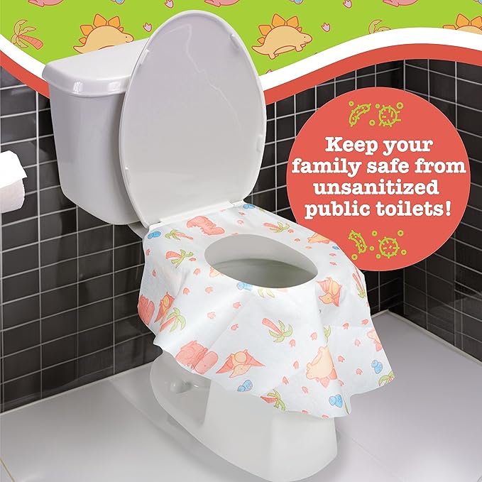 Potty Shields Toilet Seat Covers Disposable (12 pk, Dinosaurs) - XL Waterproof Toilet Cover for Toddlers, Kids & Adults - Portable & Individually Wrapped for Travel, Potty Training, Public Restrooms