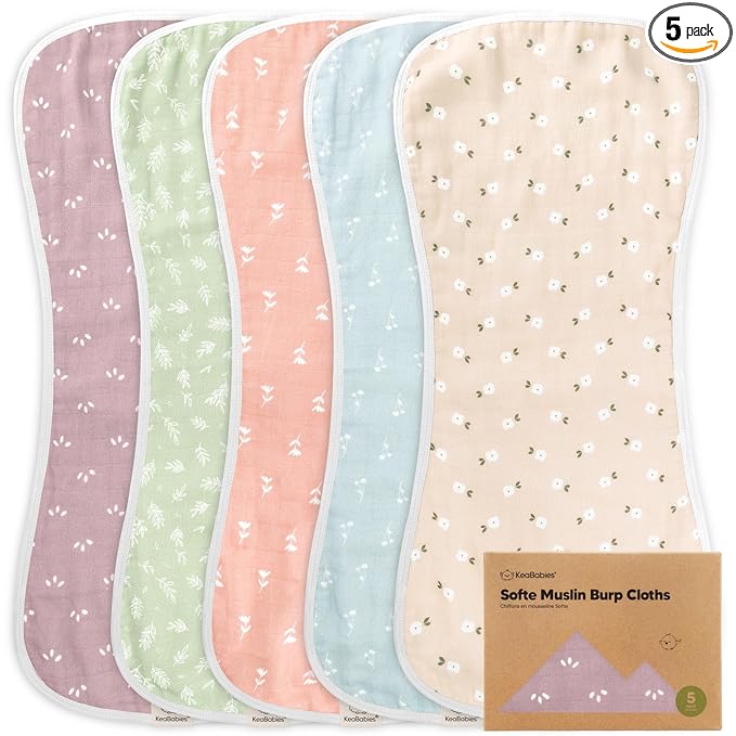 5-Pack Muslin Burp Cloths Baby Boy, Girl - Very Absorbent Baby Burp Cloth Rags, 8-Layers Viscose Derived from Bamboo Cotton Muslin Towel, Super Soft Spit Up Rags, No Shrink Washcloths (Blooms)
