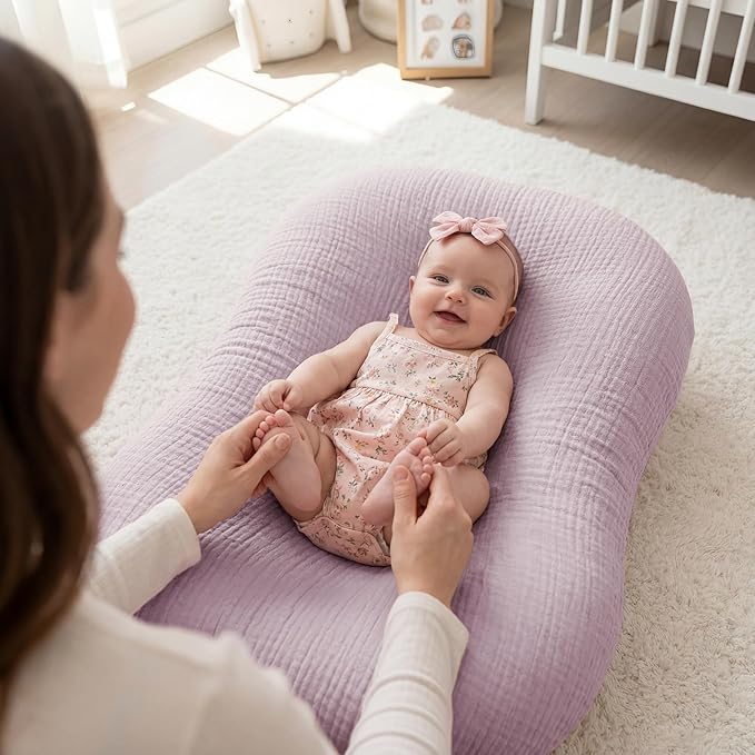 Muslin Baby Lounger Cover 1 Pack, Cotton Soft Breathable Infant Nest Slipcover, Envelope Closure, Compatible with Snuggle Me Loungers, Machine Washable, Cover Only, for Girls Boys (Purple)