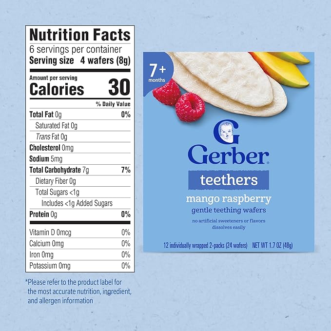 Gerber Snack for Baby Teethers, Mango Raspberry, Gentle Teething Wafers Flavored with Real Fruits, 12 Individually Wrapped 2-Packs (24 Wafers/Box) (Pack of 2 Boxes)