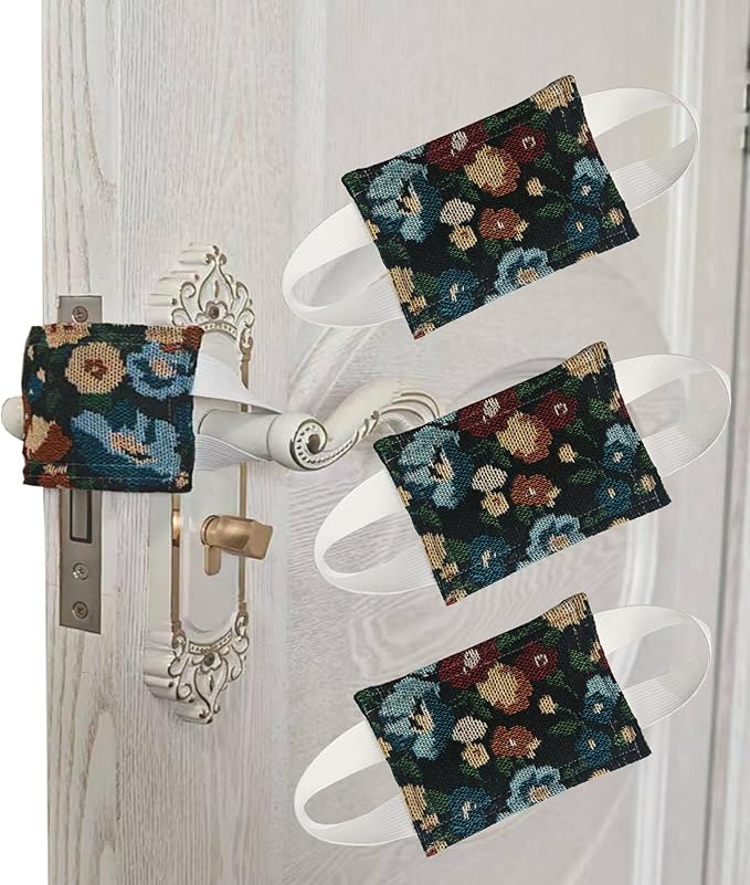 Baby Proof Door Silencer & Cloth Latch Cover, Quiet Close Anti-Slam Pads to Prevent Slamming and Accidental Locking, for Nursery and Toddler Safety (3, Black Floral Pattern, 4.1 * 3.1 inches)