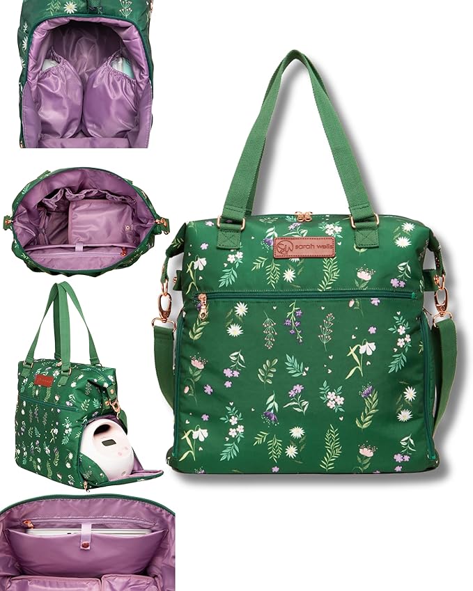 Sarah Wells Lizzy Breast Pump Bag – Stylish Pump Tote with Insulated Cooler Pocket, Laptop Sleeve – Fits Portable Pumps & More – Easy-Clean, Lightweight Breastfeeding Bag (Olive You)