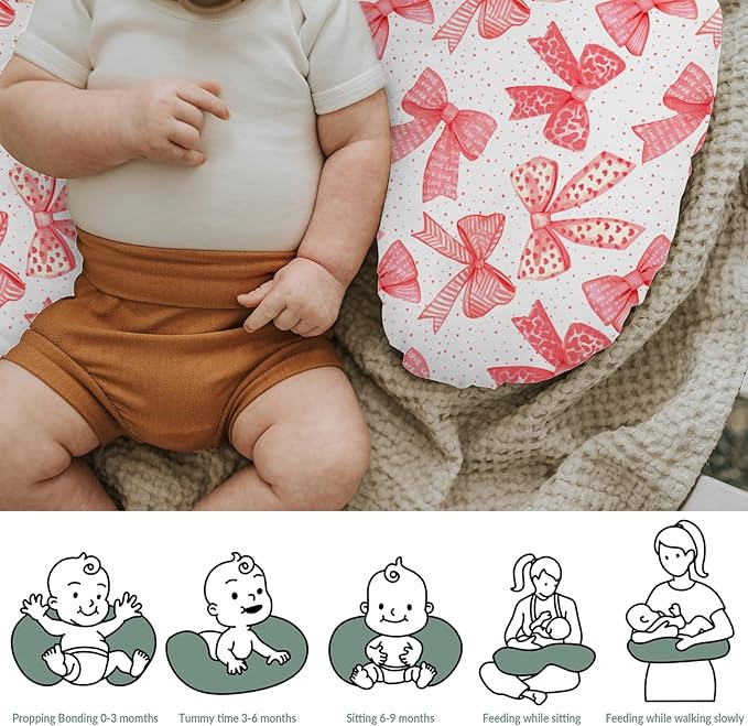 Red Bows Baby Nursing Pillow Covers for Girl Red Hair Bows Leopard Stripes Nursing Slipcovers for Breastfeeding Pillows Valentine Hearts Love Soft Stretchy Removable Cover for Newborn Infant
