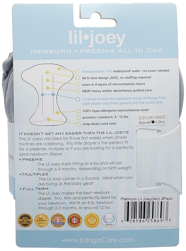 Kanga Care Lil Joey Newborn All in One AIO Cloth Diaper (2pk) Platinum 4-12lbs