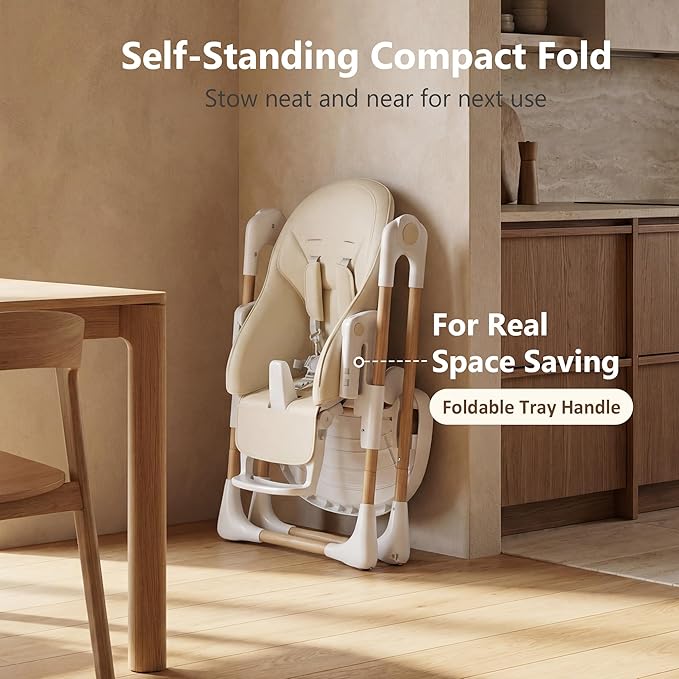 Kinder King Convertible High Chair for Babies & Toddlers, Adjustable Baby Feeding High Chair with Removable Double Tray, Simple Compact Fold for Space-Saving, 2 Built-in Wheels, Easy to Clean