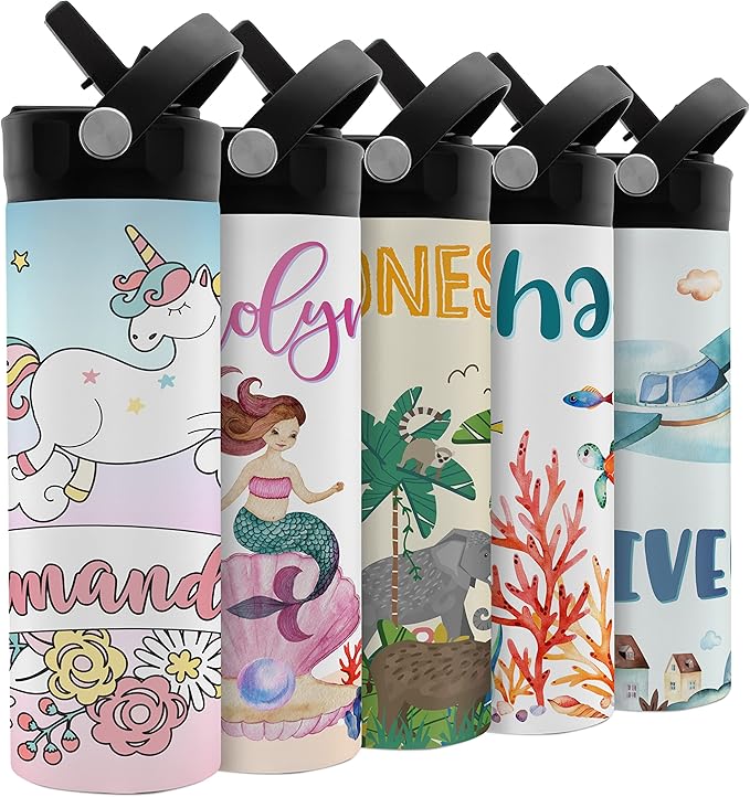 Personalized Kids Water Bottle with Straw Lid - 20 oz - 11 Wraparound Designs, Custom Water Bottle for Children - Unicorn Gifts for Girls, Teens - BPA FREE, Double-Wall Insulation - Unicorns