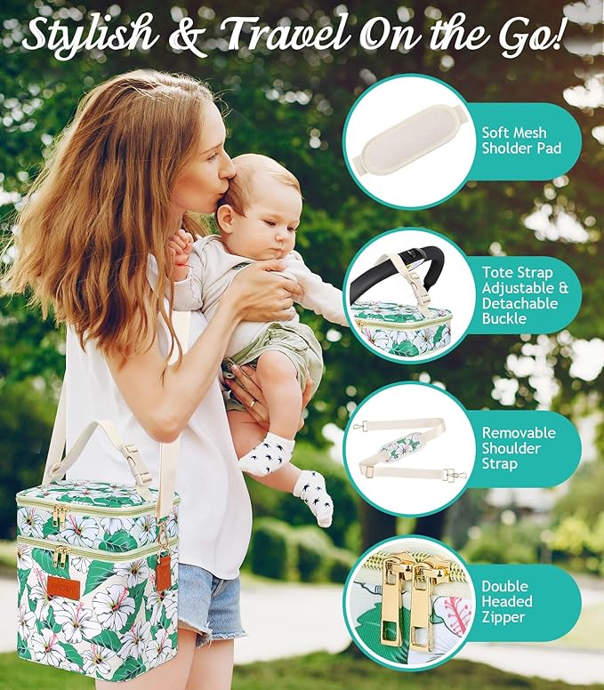 PIIOSER Breastmilk Cooler Bag with Ice Pack, Fits 6 Baby Bottles Up to 9 Oz, Stylish Baby Cooler Travel Bags with Shoulder Strap, Double Layer & Leakproof for Nursing & Working Moms Daycare, Floral