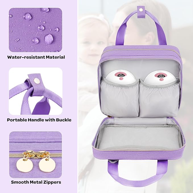 Wearable Breast Pump Bag with Cooler Compartment Compatible with Momcozy M5/S12 Pro, Elvie & Medela Pump in Style, Carrying Case with a Ice Pack & Waterproof Mat for Breast Pump and Accessories,Purple