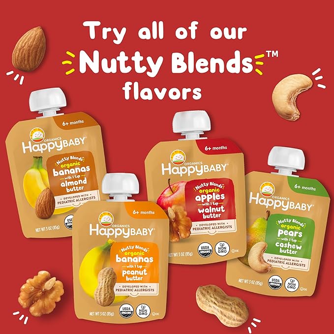 Happy Baby Organics Nutty Blends Stage 2, Fruit and Nut Butter, Allergen Introduction in Baby Appropriate Texture, for 6+ Months, 8 Variety Ct