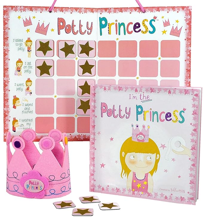 Tickle & Main Potty Princess Training Set - Multicolor, 3-Piece Adjustable Set - Magnetic Potty Training Chart with Sticker Rewards - Princess Storybook & Felt Crown