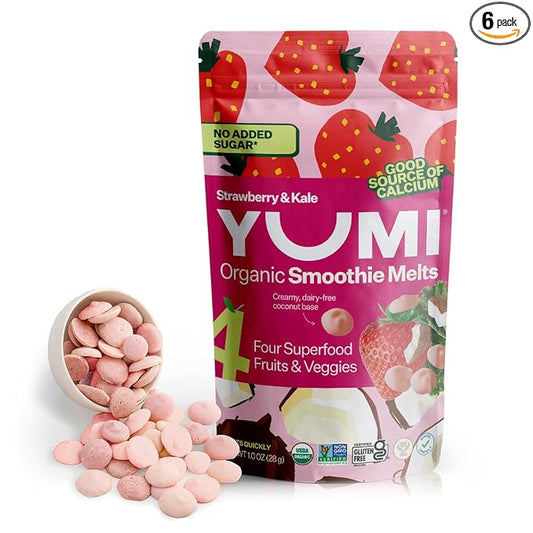Yumi Smoothie Melts - Toddler, Kids & Baby Snacks, Gluten-Free, No Added Sugar. Organic Plant Based Like Bites - 4 Real Fruits & Vegetables Puree Melties, School Safe, Strawberry & Kale (6 ct.)