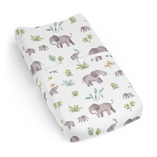 Sweet Jojo Designs Watercolor Elephants Boy Girl Gender Neutral Baby Changing Pad Cover Sheet Infant Newborn Diaper Table Change Mat Cover Sage Green Grey Jungle Safari Palm Trees Leaf Tropical Nature