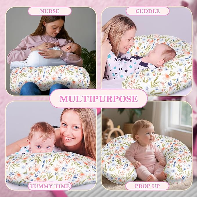 Nursing Pillow - Breastfeeding Pillow with Breathable Filling & Removable Cover, Ergonomic Support for Breastfeeding & Bottle (Green Leaf,0-12 Months)