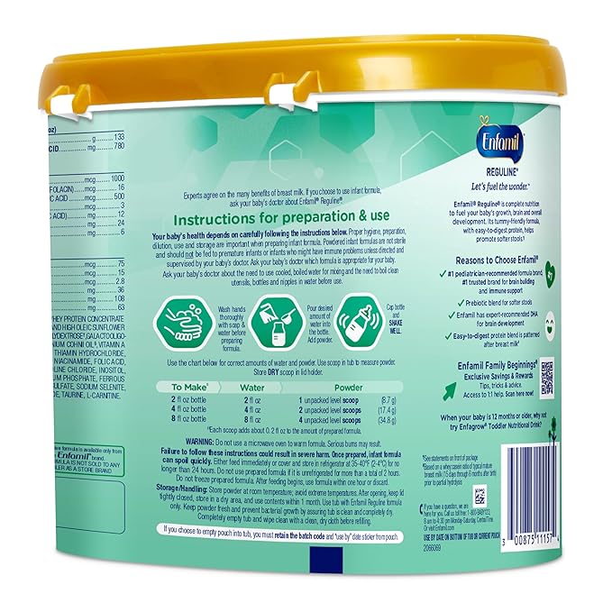 Enfamil Reguline Baby Formula, Designed for Soft, Comfortable Stools, with Omega-3 DHA & Probiotics for Immune Support, Reusable Powder Tub, 19.5 Oz