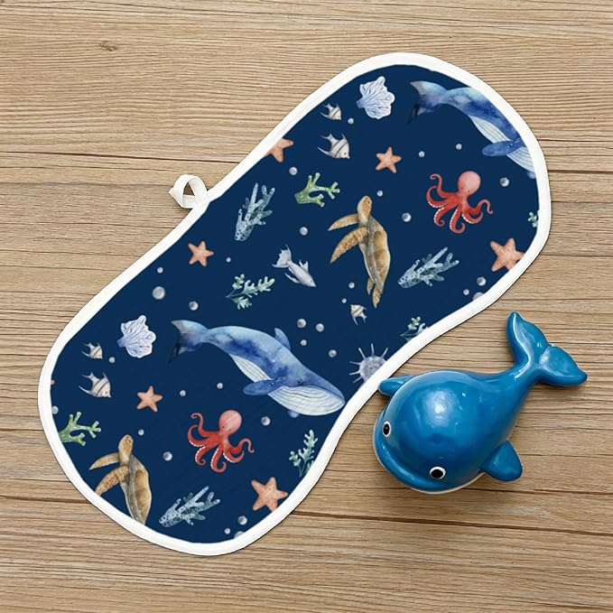 5-Pack Baby Burp Cloths for Boys,100% Muslin Cotton Super Absorbent Burping Rags, Ultra Soft Large Washcloths with Whale & Seahorse Ocean Prints, Newborn Essentials Gift Set