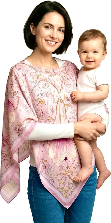 Le Veilea 3-in-1 Silk Nursing Cover - 100% Silk Twill Breastfeediing Cover, Baby-Friendly, Converts to Stylish Poncho & Refined Scarf, Lightweight & Breathable