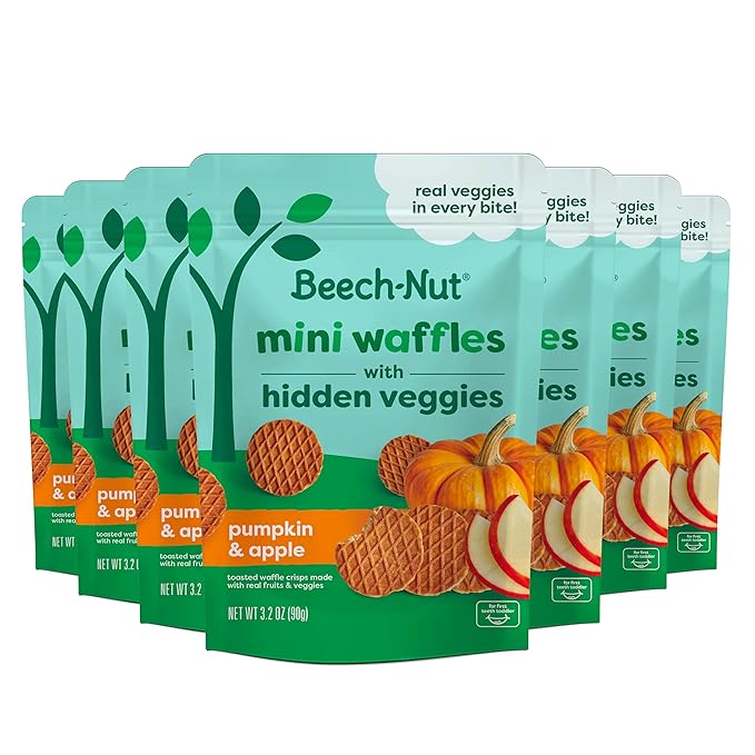 Beech-Nut Toddler Snacks, Mini Waffles with Hidden Veggies, Pumpkin Apple Cinnamon, Non-GMO, 3.2 oz Bag (7 Pack)