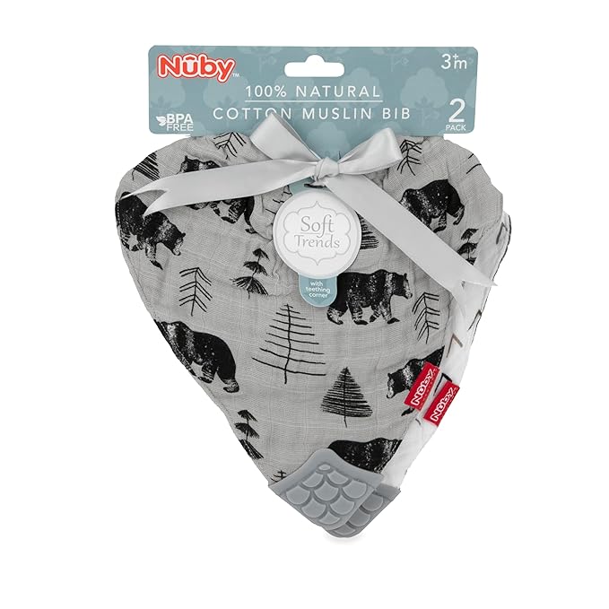 Nuby 2Piece Muslin Bandana Bib with Teether, Colors May Vary, 2 Count (Pack of 1)