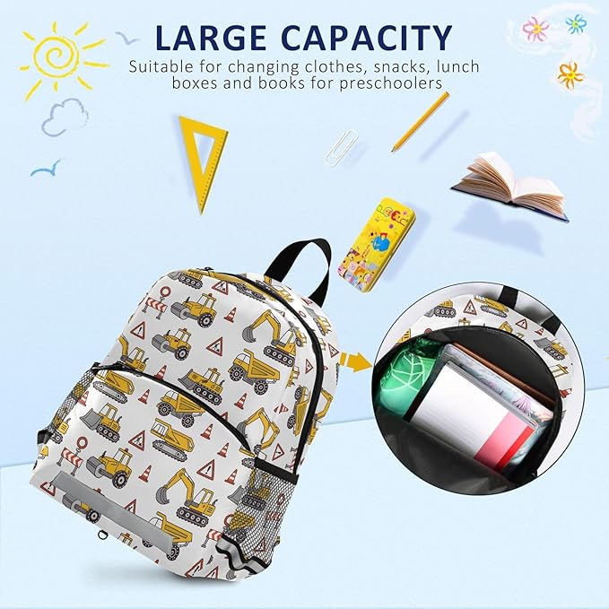 Toddlers Backpack Kids Truck Childish Bookbag for Boys Girls 3-6 Years Preschool Kindergarten Cute Mini Bags with Safety Leash Daypack