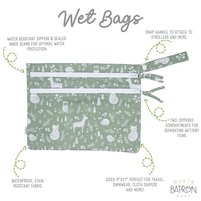 BapronBaby Forest Friends Wet Dry Bag - Waterproof Two Zipper Pockets - Reusable for Mealtime, Diapers, Stroller, Snacks, Swimsuits - Machine Washable - 11" x 9"