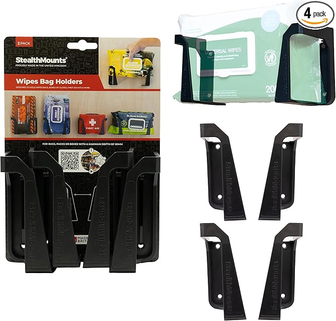 StealthMounts Wipe Holder – 2 Pack Wall Mount Wipe Dispensers & Storage Racks for Workshop, Garage & Cleaning Stations – Made in The UK