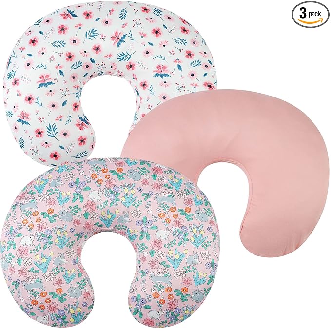 Nursing Pillow Cover Set 3 Pack Nursing Pillow Slipcovers for Moms Breastfeeding Moms, Ultra-Soft Stretchy Fit Standard Nursing Pillows Floral,Grey Rabbit & Pink