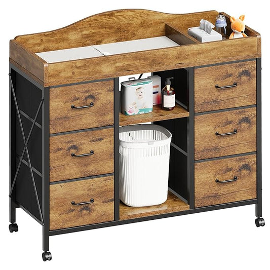 Yetom Changing Table, 6-Drawer Baby Dresser with Changing Table top,Waterproof Diaper Changing Station & Pad, 2 Height-Adjustable Open Storage Shelves, Mobile Nursery Organizer, Rustic Brown