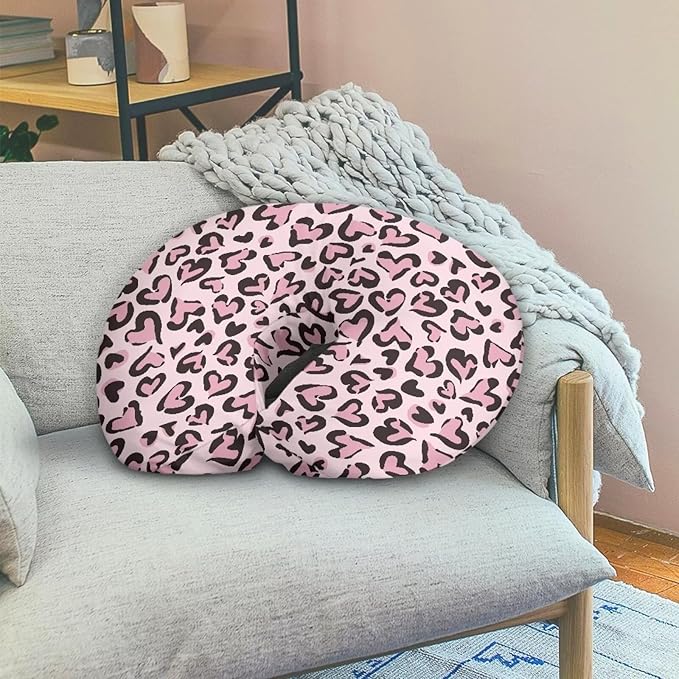 Pink Heart Leopard Feeding Pillow Cover Breastfeeding Pillow Covers for Breastfeeding Mom Soft Nursing Pillow Case Skin-Friendly U-Shaped Hidden Zipper Design